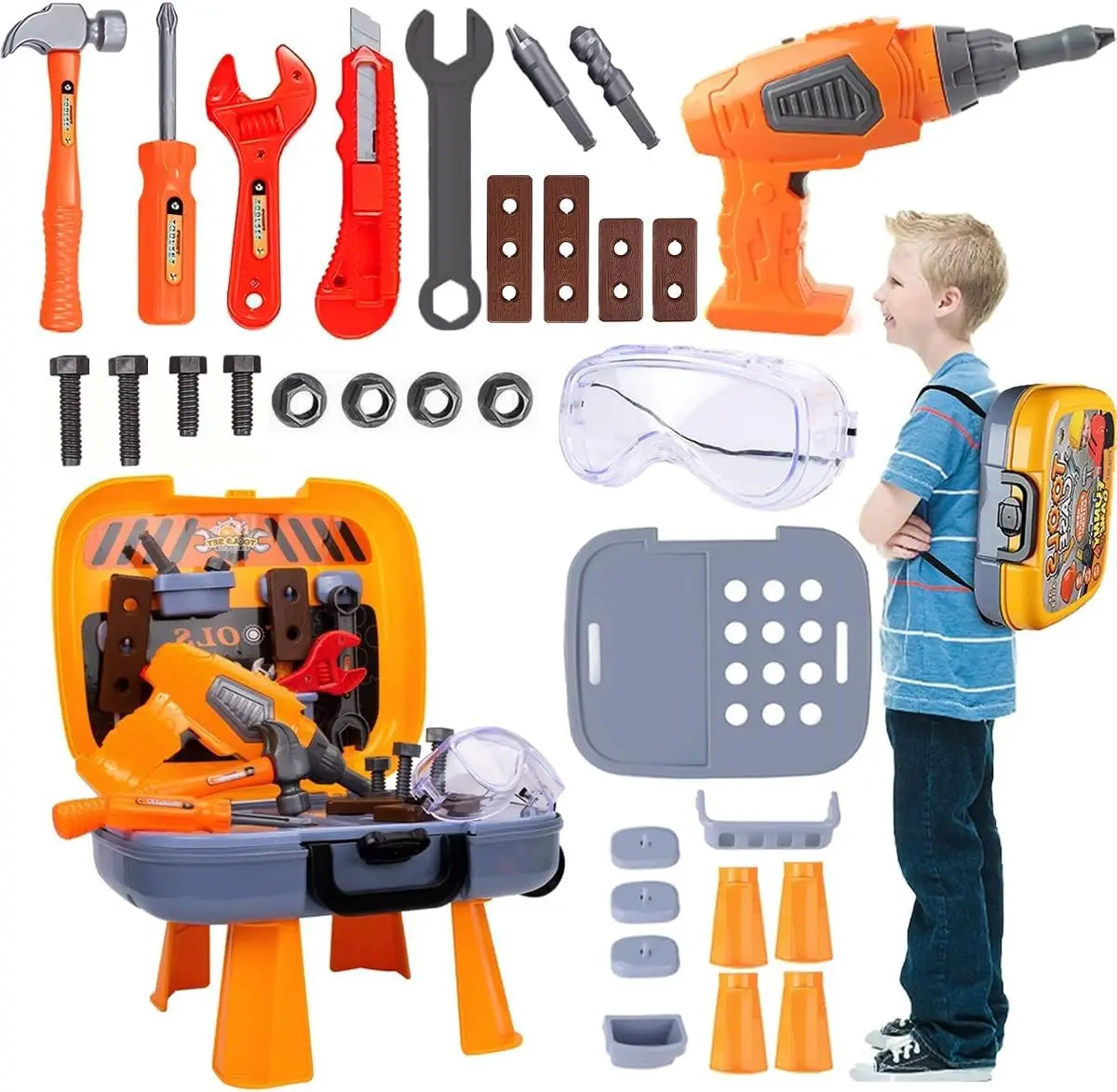 Children's Tool Set with Drill and Hammer, Toy Set for Children 4-9 Years Old, Ideal for Construction and Gift