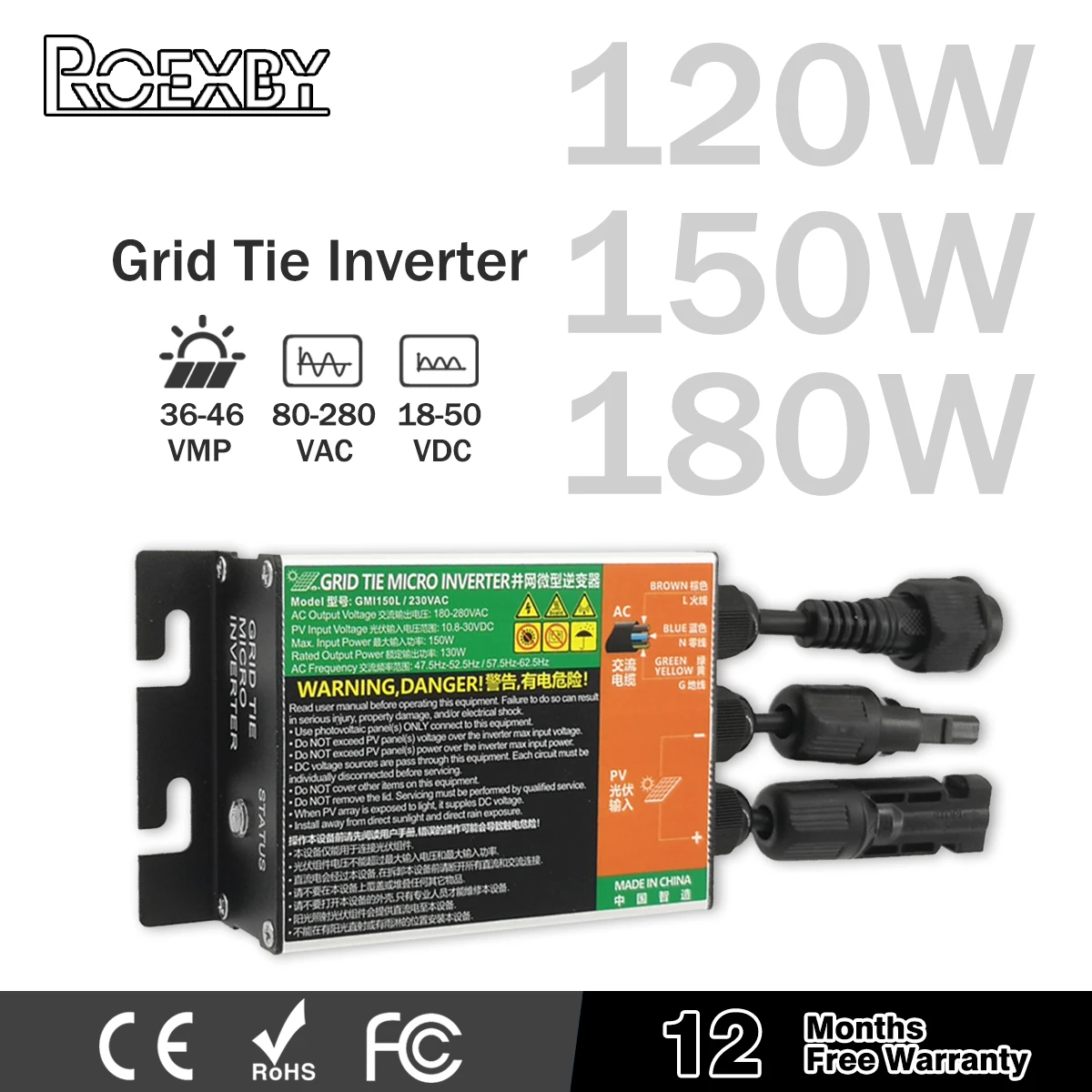 ระบบเนคไท180W 120W 150W MPPT ไมโครอินเวอร์เตอร์ระเบียงระบบผูกกริด PV สำหรับใช้ในบ้าน AC110V-240V อินพุตพลังงานแสงอาทิตย์ DC10.8-30V 1