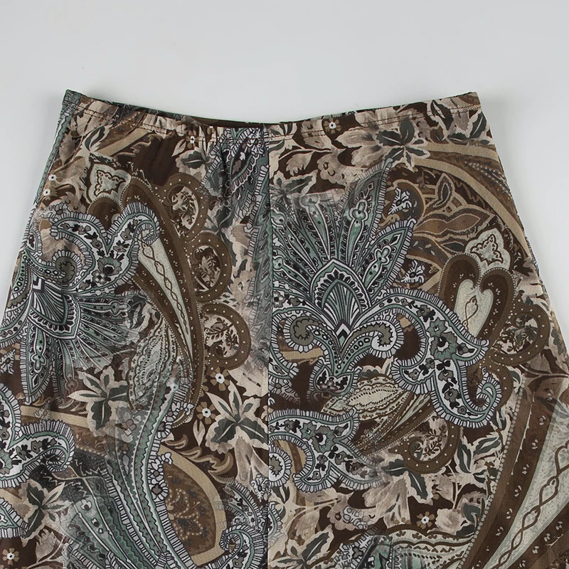 Vintage Aesthetic Floral Print Asymmetrical Skirts Women Boho Vacation Lace Two Layers Mesh Long Skirt Y2K