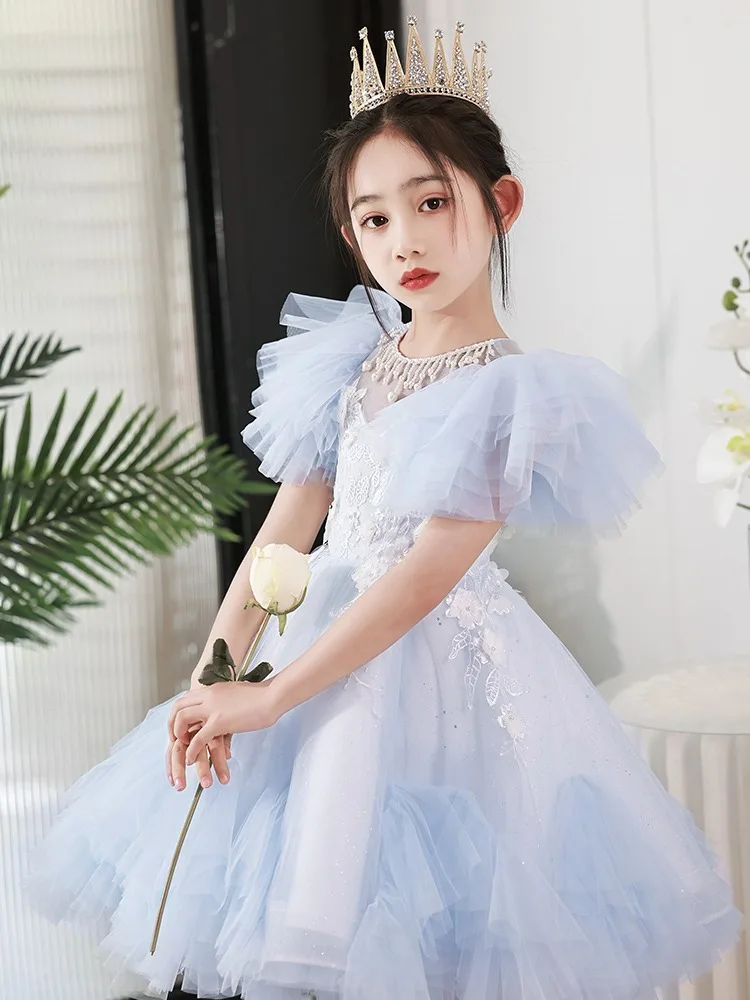 

2023 Teenmiro Princess Birthday Dress for Kids Girl Infants Beading Tulle Party Dresses Children Chic and Elegant Ball Gowns