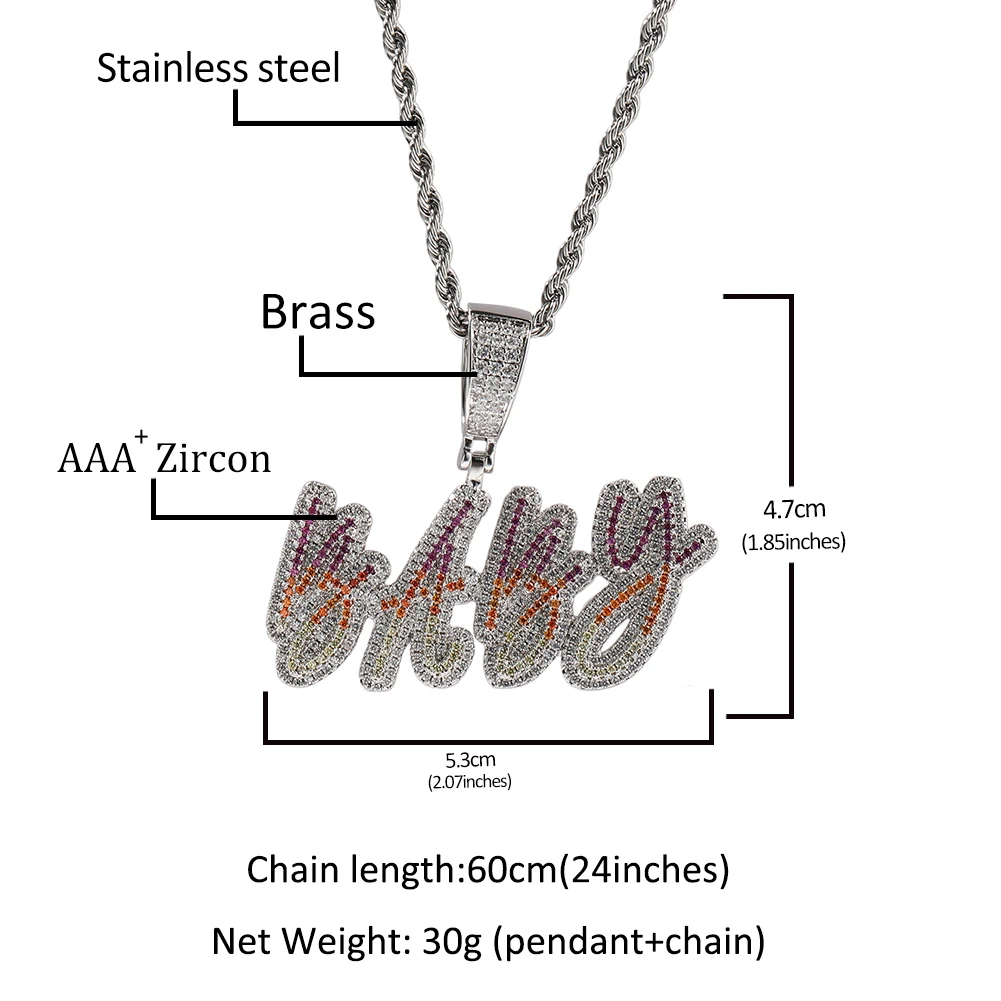 Hip Hop Custom A-Z Letter Name Pendant Necklace Color Gradient 5A Zircon Jewelry