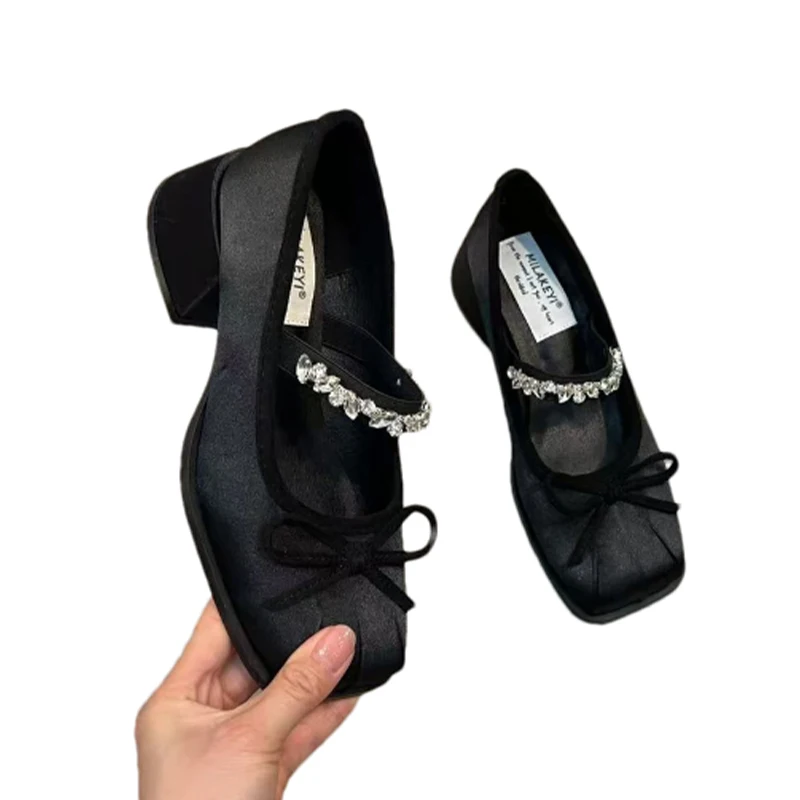 Crystal Bow Mary Jane Shoes Mid Heels Women Chunky Shoes 2025 Elegant Shallow Spring Pumps Shoes Dress Trend De Party Zapatillas 6