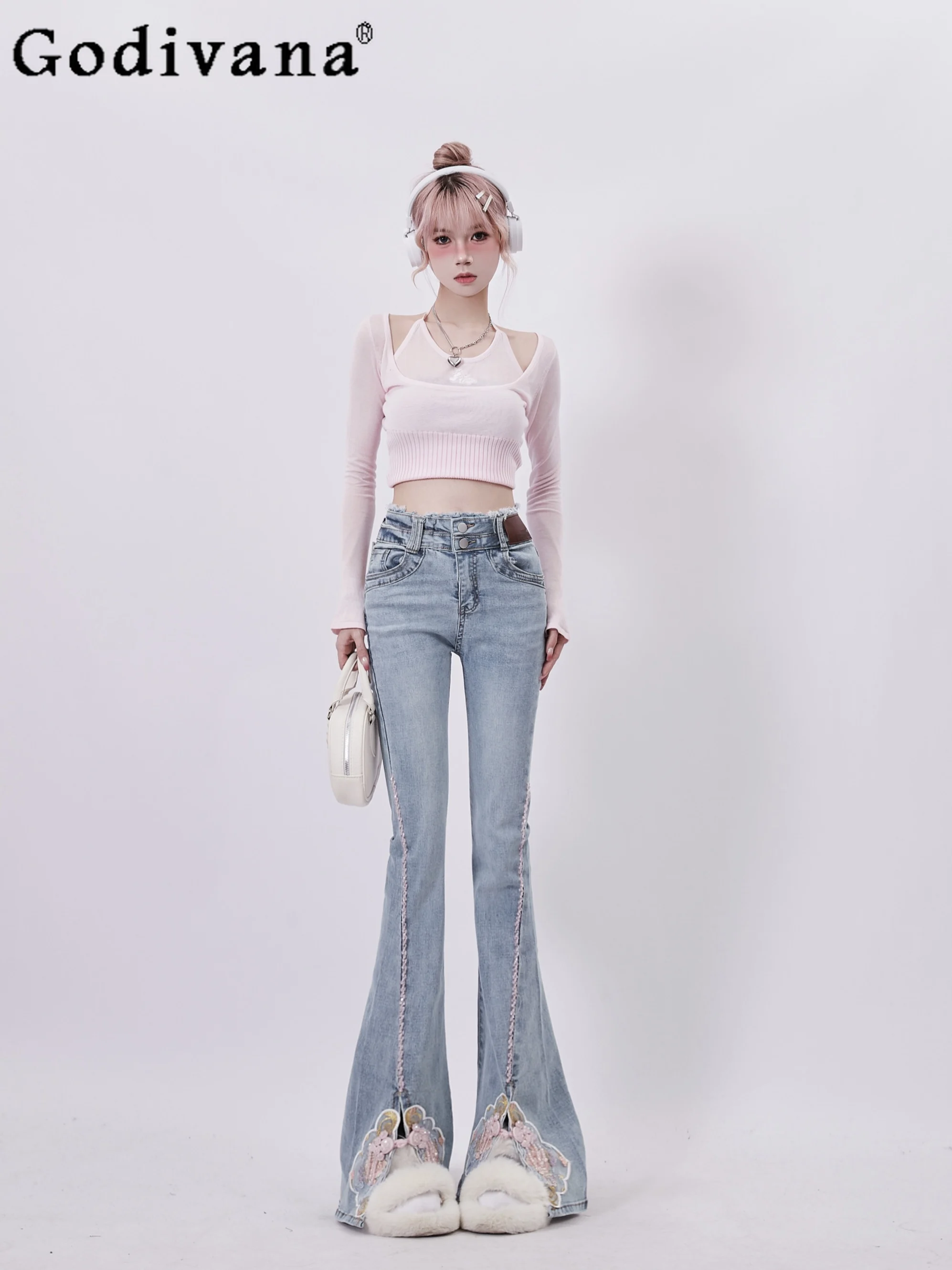 

Blue Elegant Jeans Women 2024 Spring Autumn Fashion Retro Embroidery High Waist Slim Flare Pants Sweet Cute Student Mop Pants