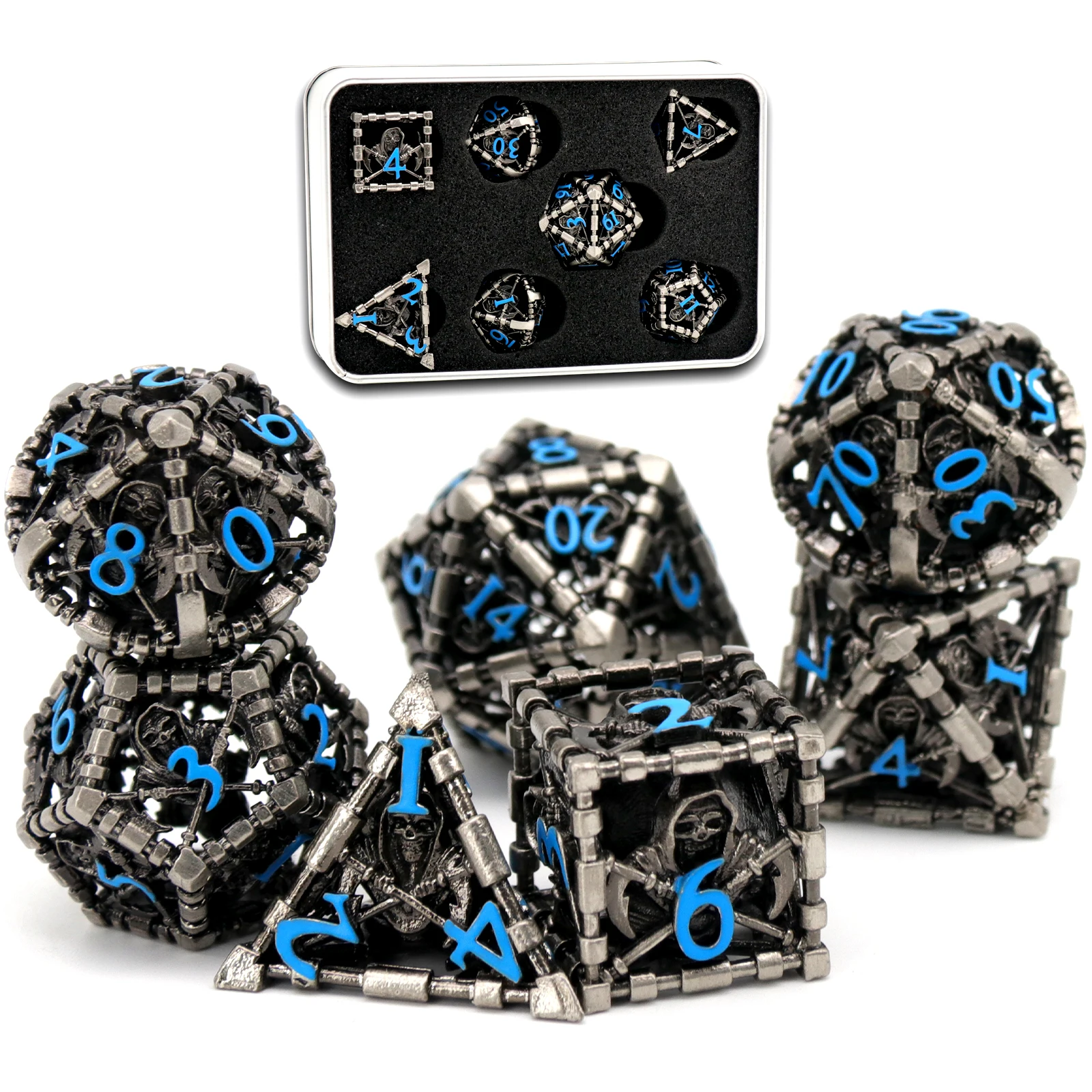 DND Dice Set Roleplaying Game, Polyhedral Dice Set D&D Dice Set Reaper Metal Hollow Dice for Board Game(Antique Silver Blue)