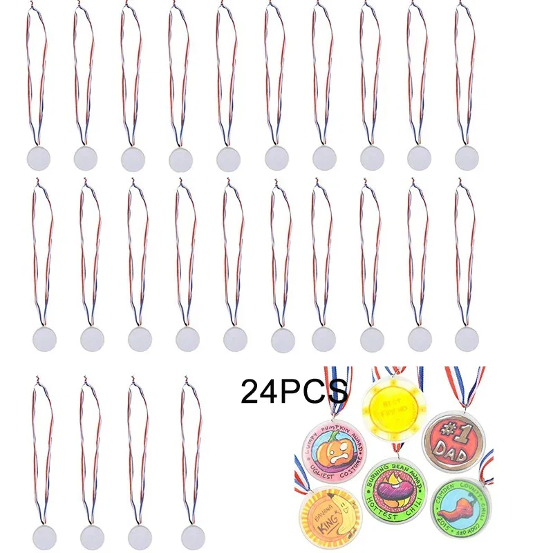24 Pcs Design Your Own Award Medals Plastic Blank DIY Award with Ribbons for Party Favors Trophy for Prize Gift Children Sports diy award medals