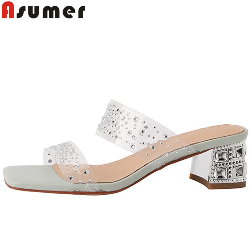 

ASUMER 2022 New Transparent Pvc Women Slippers Square Med Heels Slippers Comfortable Ladies Summer Dress Shoes