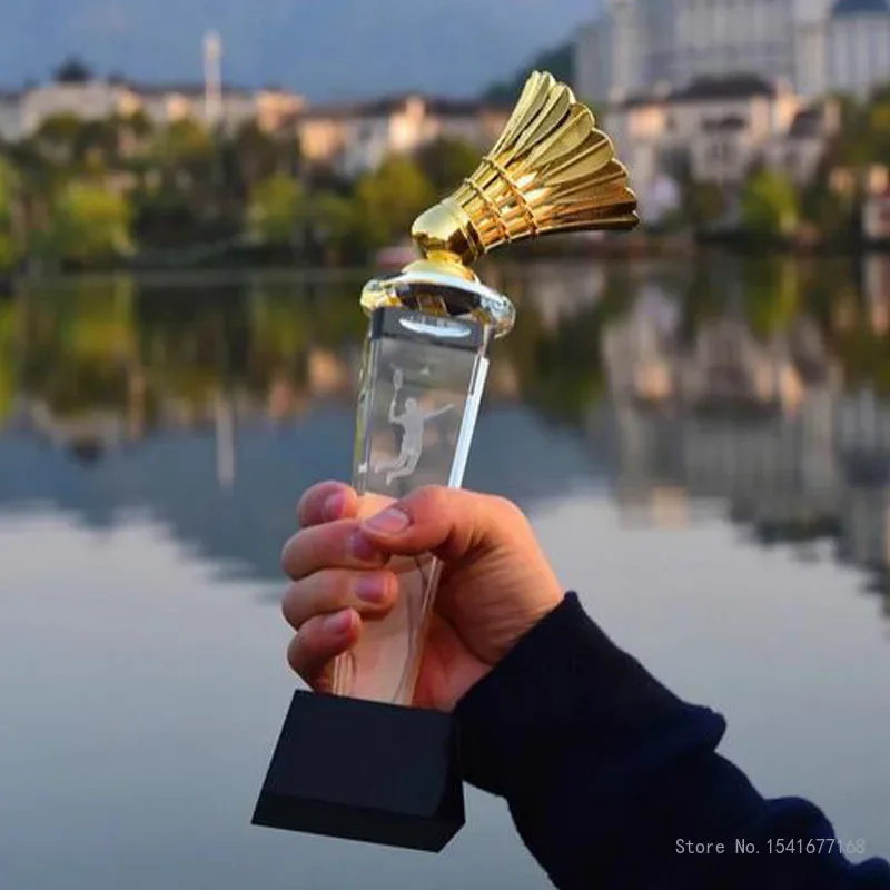 Customized Crystal Trophy for Sports Competition Creative Metal, Gold, Silver, Copper Badminton, High-end Award, Home Decor, 1Pc