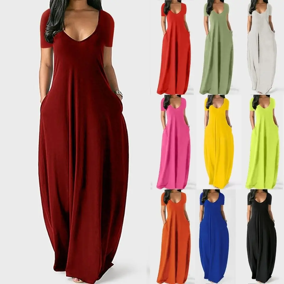 

Big Size Women Clothing Maxi Dresses Short Sleeve T-shirt Summer Dress V-neck Loose Pocket Dresses Solid Streetwear Black White