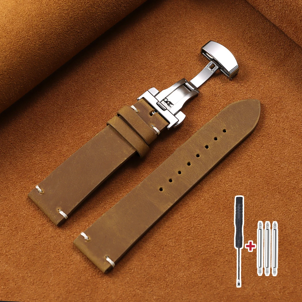 Vintage Brown Cowhide Watch Band with Butterfly Buckle and Stitching Design