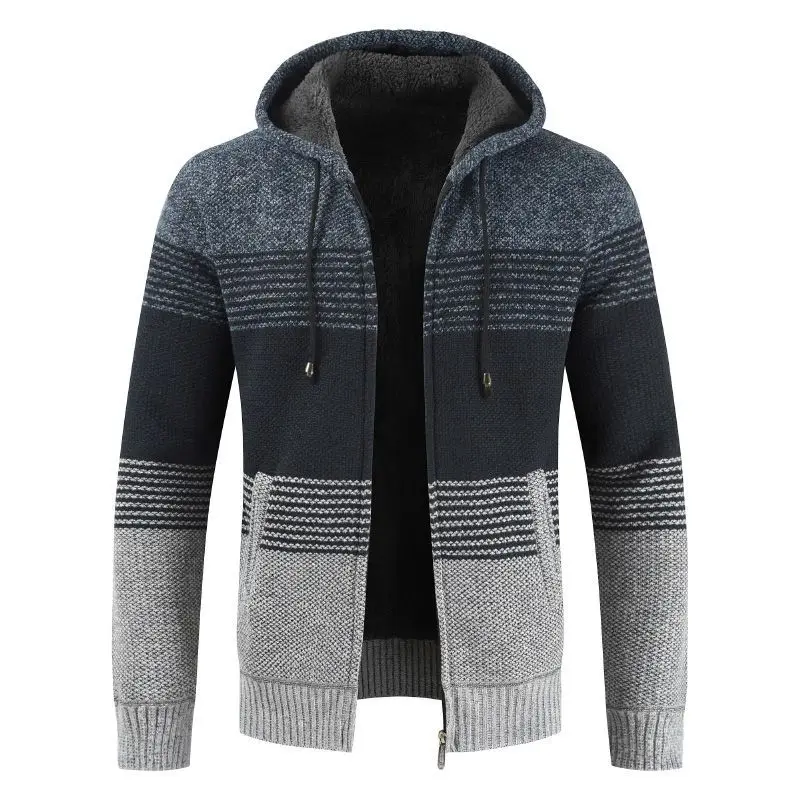 2023 Autumn and Winter Men's Business Casual Thickened Hooded Pocket Jacket Knitted Korean Loose Casual Versatile Coat