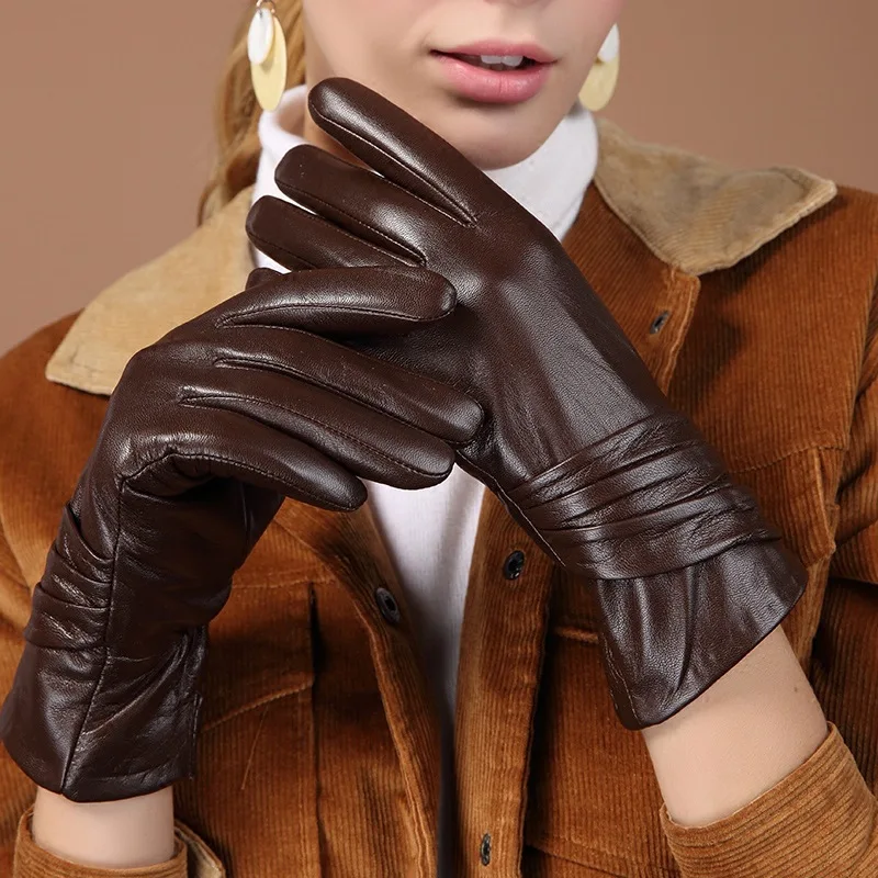 Women's Autumn and Winter New Fashion Luxury 100% Imported Genuine Leather Gloves Touch Screen Elegant Winter Warm Gloves