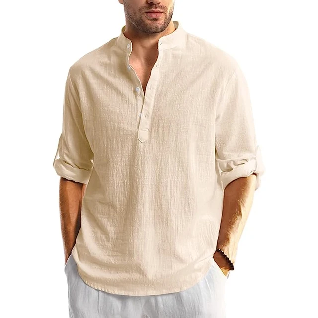 Men's Linen Button Down Shirt Long Sleeve Casual Button Up Beach Summer