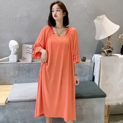 Fdfklak Casual New Cotton Modal Sleepshirt Loose Large Size Women's Nightgowns Elegant V Neck 3/4 Sleeve Long Night Dress