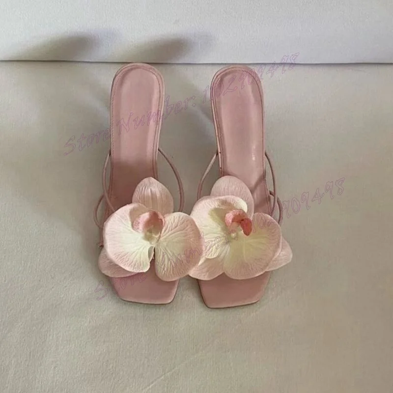 Elegant Floral Rose Pink Square Toe Flat Sandals main image 1