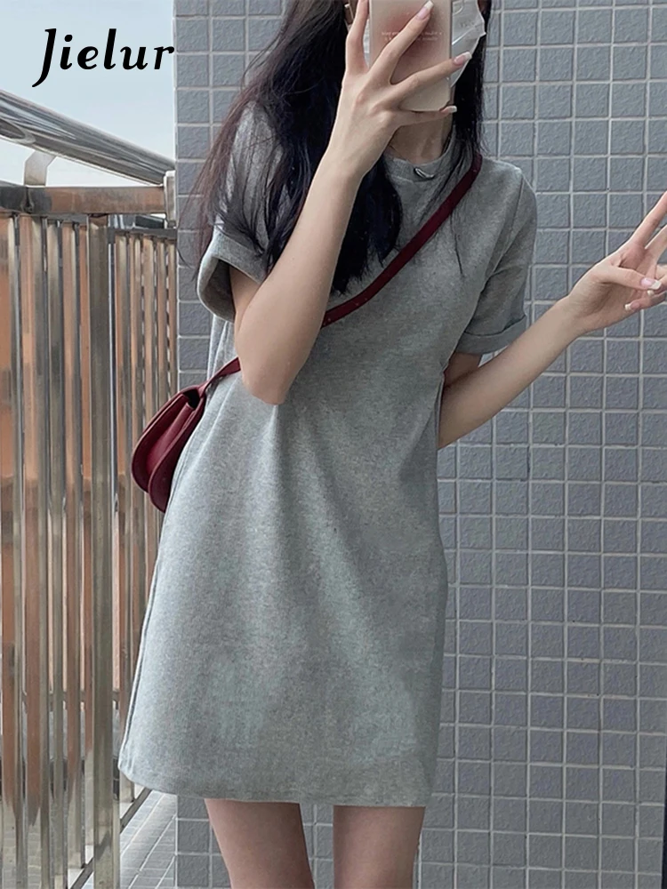 

Jielur серые облегающие Женские платья с коротким рукавом летние однотонные легкие эластичные повседневные женские платья простая модная уличная одежда