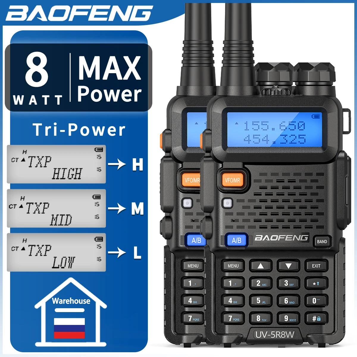 2Pcs BaoFeng UV 5R Long Range 8W Walkie Talkie Dualband Two Way Radio VHF/UHF Dual Band Portable