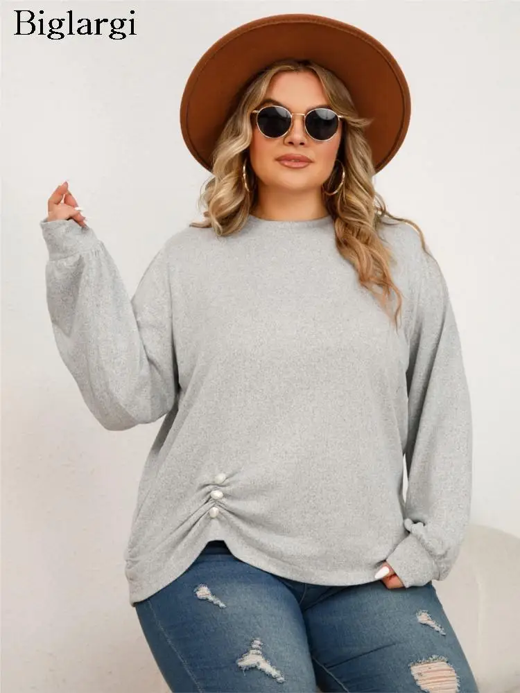 

Plus Size Autumn Winter Pullover Tops Women Pearl Fashion Pleated Ladies Blouses Casual Loose Long Sleeve Woman Tops 2023