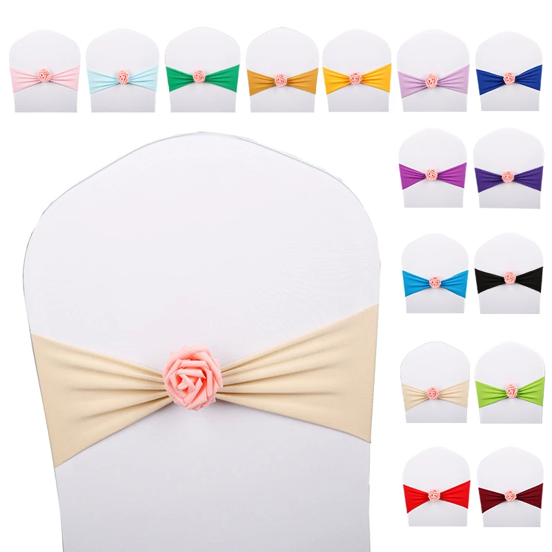 

Stretch Chair Bands With Artificial Rose For Wedding Banquet Meeting Decoration Beautiful Chair Sashes Bow Wholesale Support