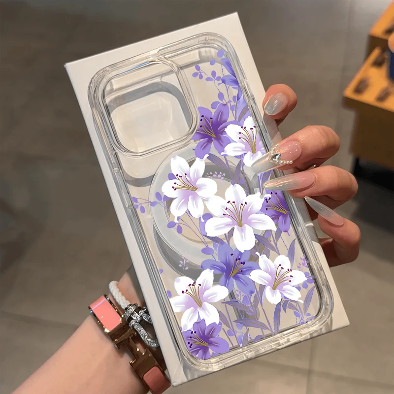 Floral Magnetic Transparent Phone Case with Magsafe Wireless Charging Capability