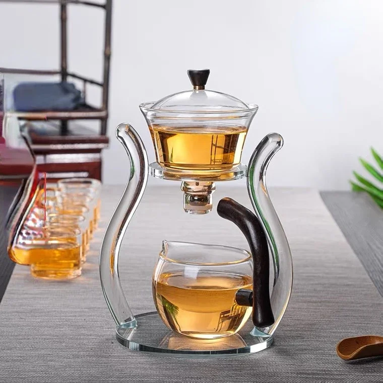 Glass Automatic Lazy Tea Set Crystal Glass Teapot Set Heater Magnetic Rotating Cover Kung Fu Heat-Resistant Teapot 6 Cups