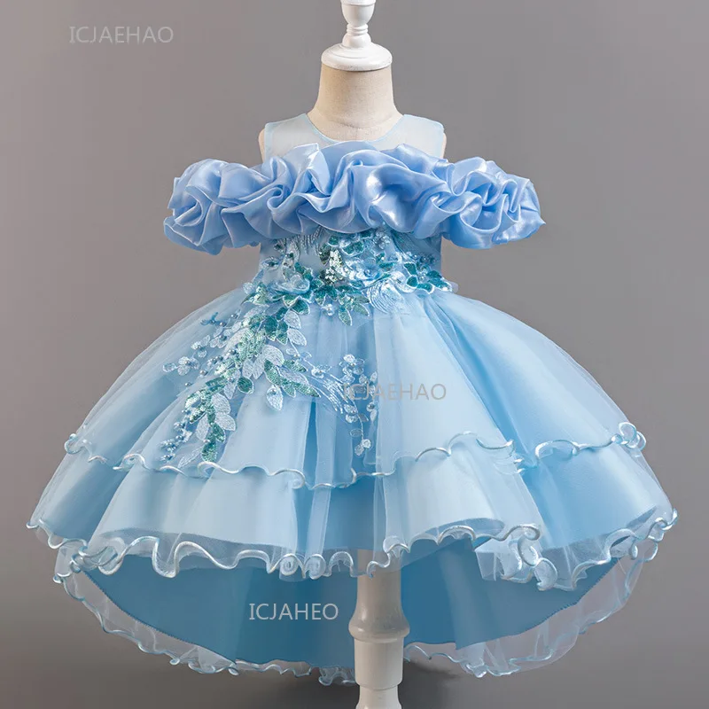 Girls Flower Girl Dress with Train Tulle Princess Gown Christmas Birthday Party Pageant Formal Dresses Kids Children Clothing - 5