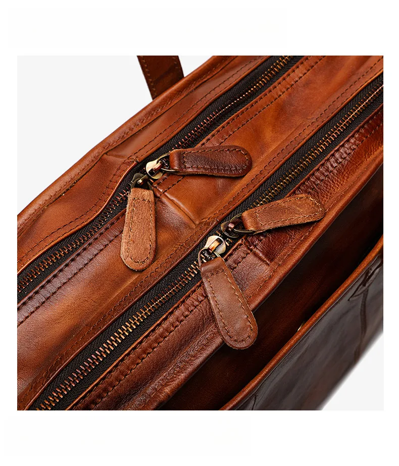 Men's Handmade Genuine Leather Handheld Bag, Plant Tanned Leather Computer Bag, Crossbody Large Capacity Functional Multi business Briefcase_voghion.com