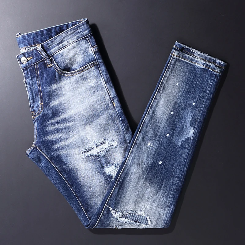 High Street Fashion Men Jeans Retro Blue Elastic Stretch Slim Fit Ripped Jeans Men Patched Designer Hip Hop Brand Pants Hombre