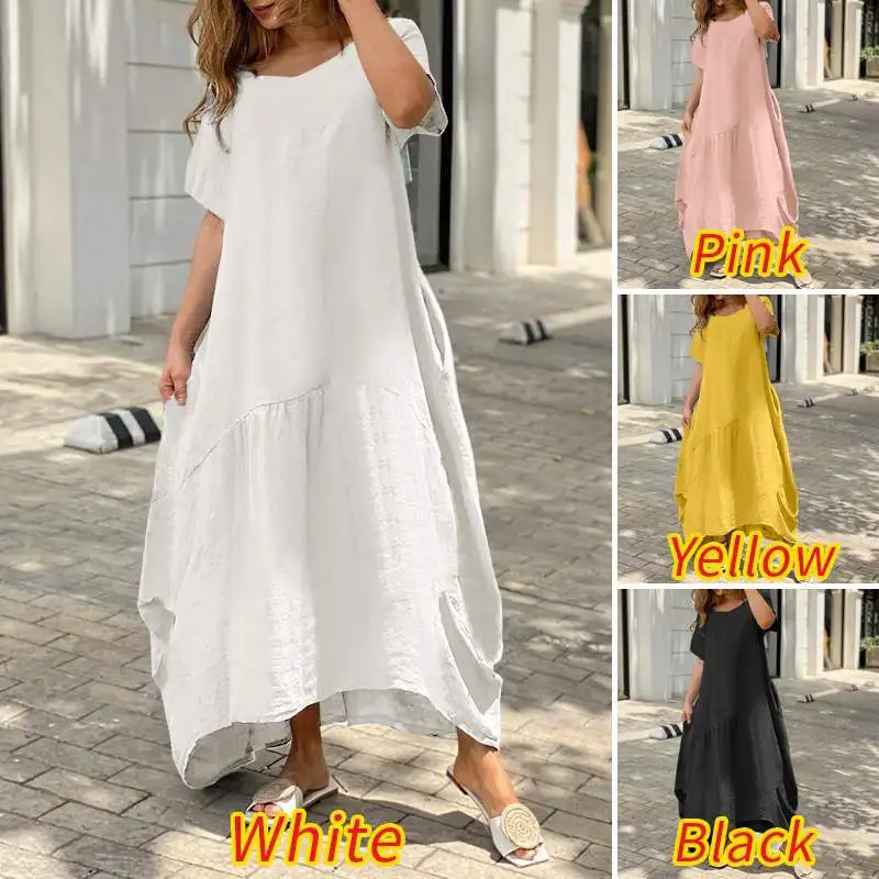 Cotton Linen V Neck Summer Dress for Women