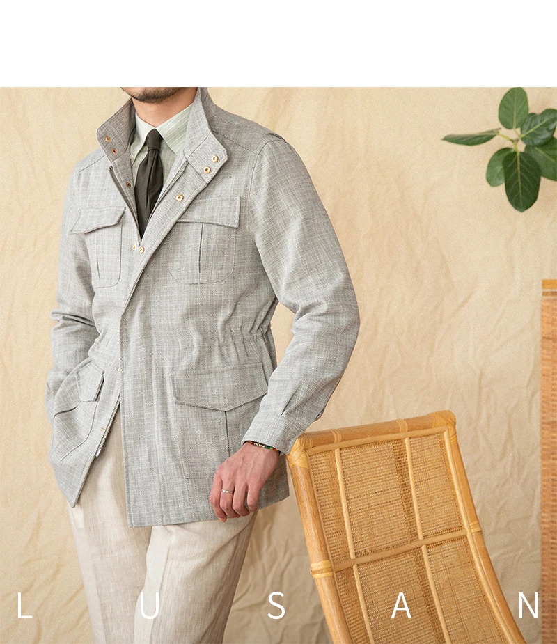 Baumwolle und Leinen, vertikaler Kragen, enge Taille, M65-Jagdjacke, Retro-All-Match-Frühlings- und Sommer-leichte Freizeitjacke – Detail 20