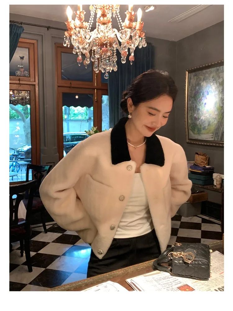 여성용 양모 원피스 모피 짧은 재킷, 라펠 인조 모피 코트, 여성 의류, 2023 가을 및 겨울 신상