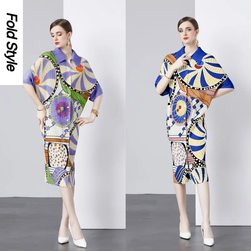 

Miyake Folded 2024 Spring/Summer Women's New Mid Length Flip Collar Bat Sleeve Printed Loose Foreign Trade Clothing Dress