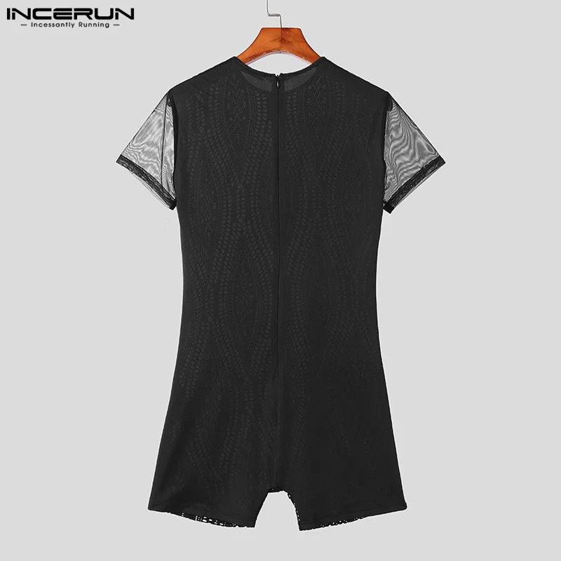 INCERUN American Style Men's O-neck Rompers Fashion See-through Lace Patchwork Jumpsuits Sexy Short Sleeved Bodysuits S-3XL