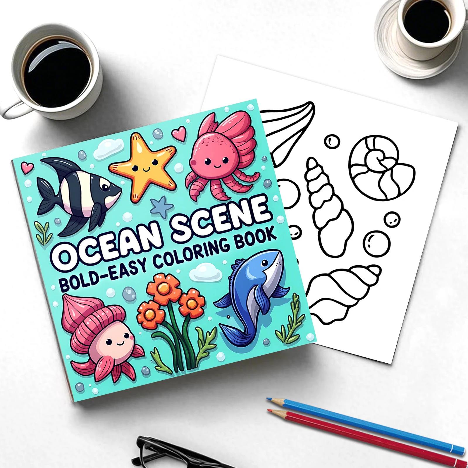 Ocean Scene BOLD-EASY Coloring Book for Adults Teens 24 pages Ocean Creatures Doodles Book -Ideal gift for family or friends 3
