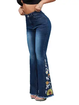 2024 Autumn and Winter New Women's Embroidered Flared Jeans Fashion High Elasticity Slim Fit Raw Edge Denim Pants 1