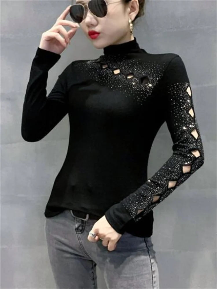 

Топ с воротником-хомутом Женский, пикантная ажурная футболка, пуловер с длинным рукавом, Повседневный хлопковый топ, женская футболка