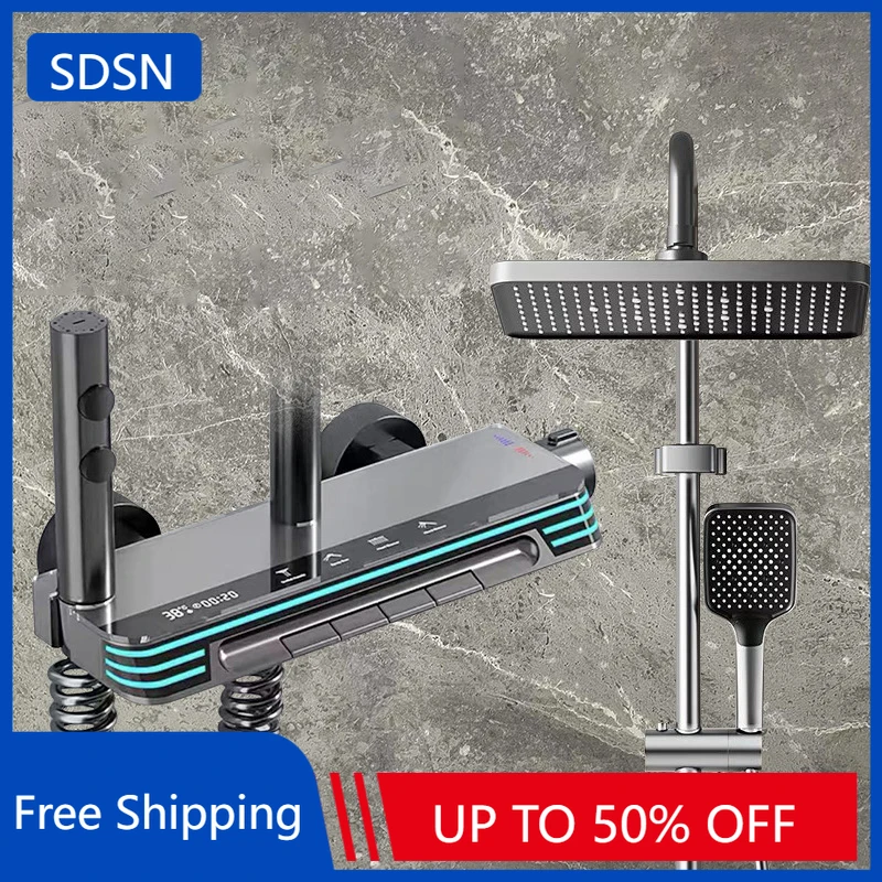 Ambient Lighting ดิจิตอลห้องน้ําระบบ 12 นิ้วหัวฝักบัวสายฝนเอวสเปรย์ Thermostatic ดิจิตอลชุดฝักบัวอาบน้ําห้องน้ํา 1