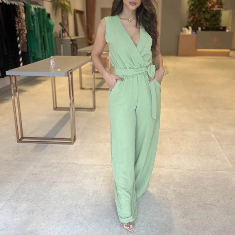 

Elegant Casual Lace-up Pocket Office Romper Summer Solid Color Sleeveless Loose Jumpsuit Women Simple High Waist Wide Leg Romper