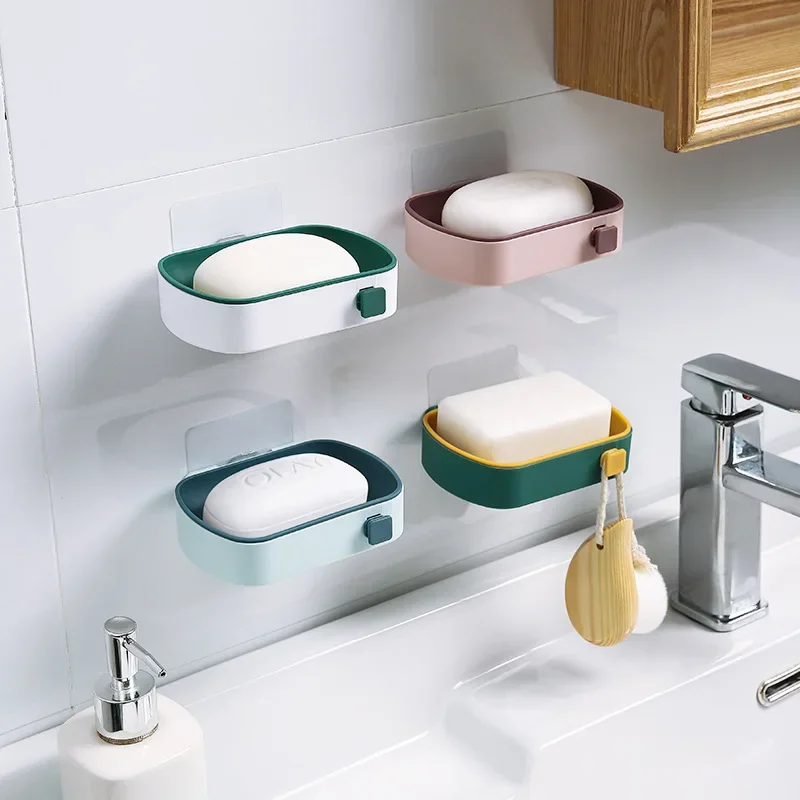 

No Drilling Soap Holder Bathroom Soap Strong Box Organizer Soap Dish Wall Mounted Double Layer Drain Rack Bathroom Accessories