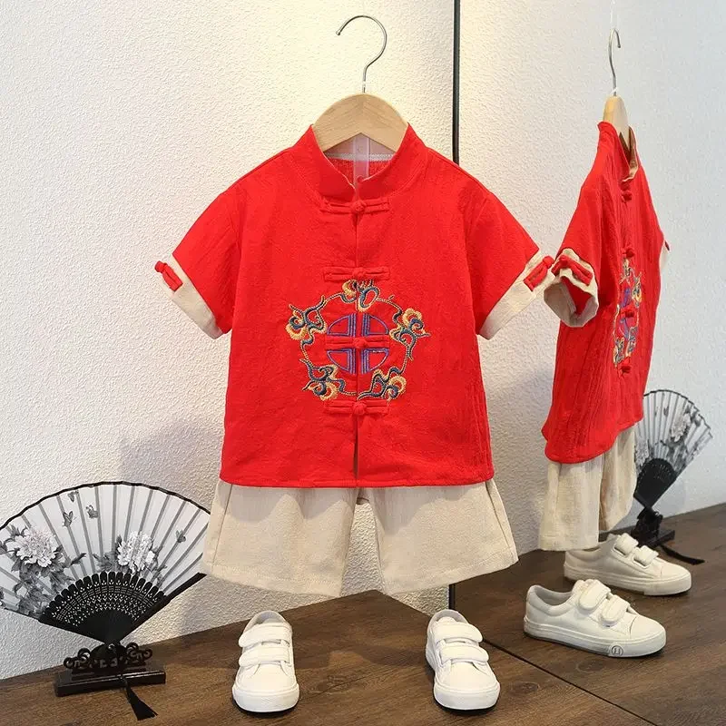 Fashion Chinese Style Boys' Short Sleeved Tang Suit Tops Pants Baby Hanfu Ethnic Style School Martial Arts Performance Clothing