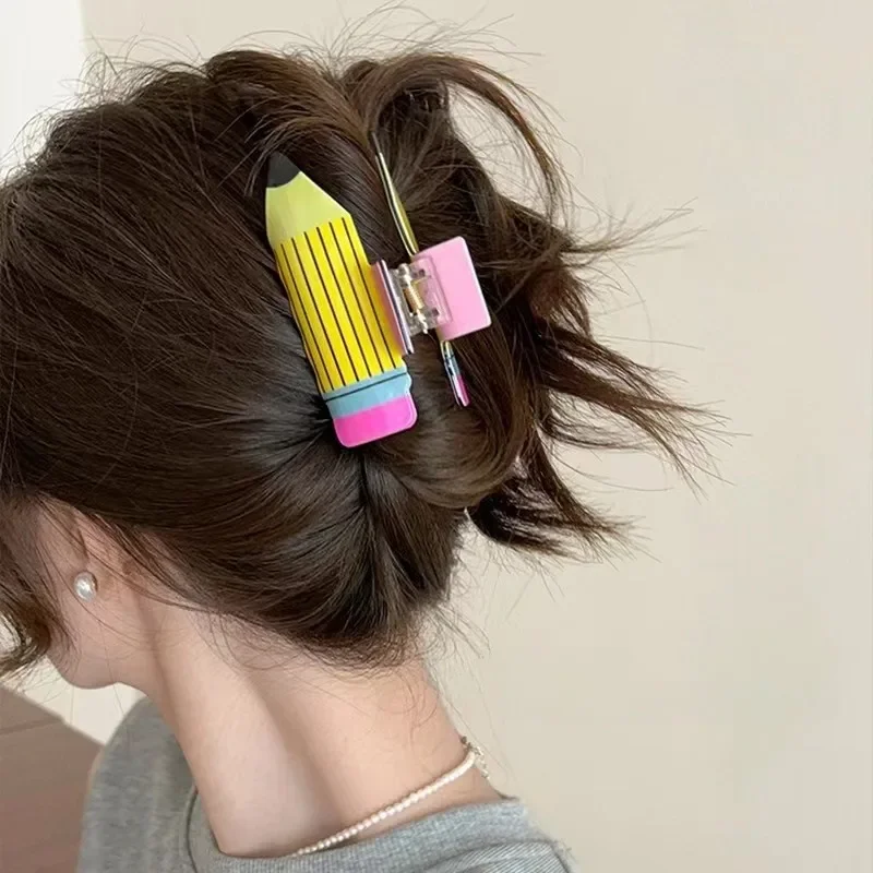 Niedliche große Haarklammern aus Acryl mit Bleistift-Design für Frauen und Mädchen, Accessoires, Cartoon-Sonnenblume, Lächeln, Pferdeschwanz, Haarklammer, Neu 2024 – Detail 12