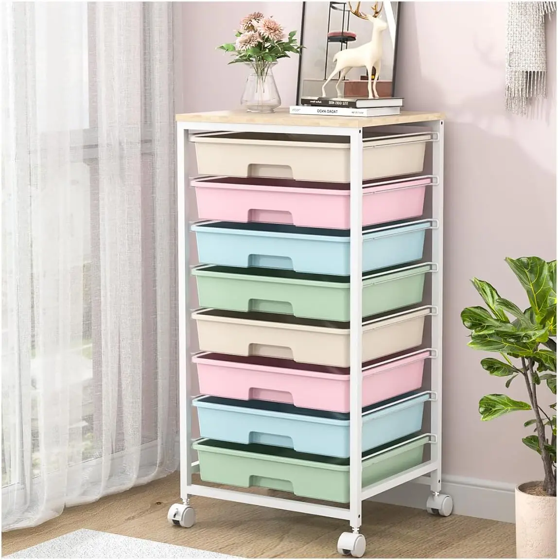 Rolling Storage Cart with Drawers,Utility Cart Drawers and Wooden Tabletop,Rolling Drawer Cart 2
