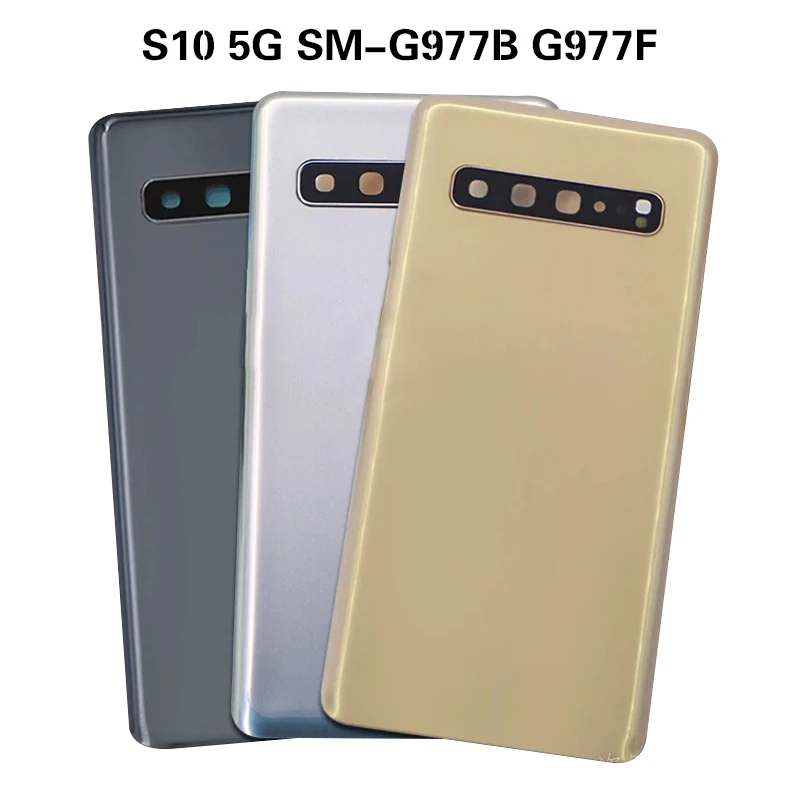 삼성 갤럭시 S10 5G SM-G977B G977F 배터리 후면 커버, 후면 문짝 유리 패널 하우징 케이스, 접착제 추가 카메라 렌즈 교체