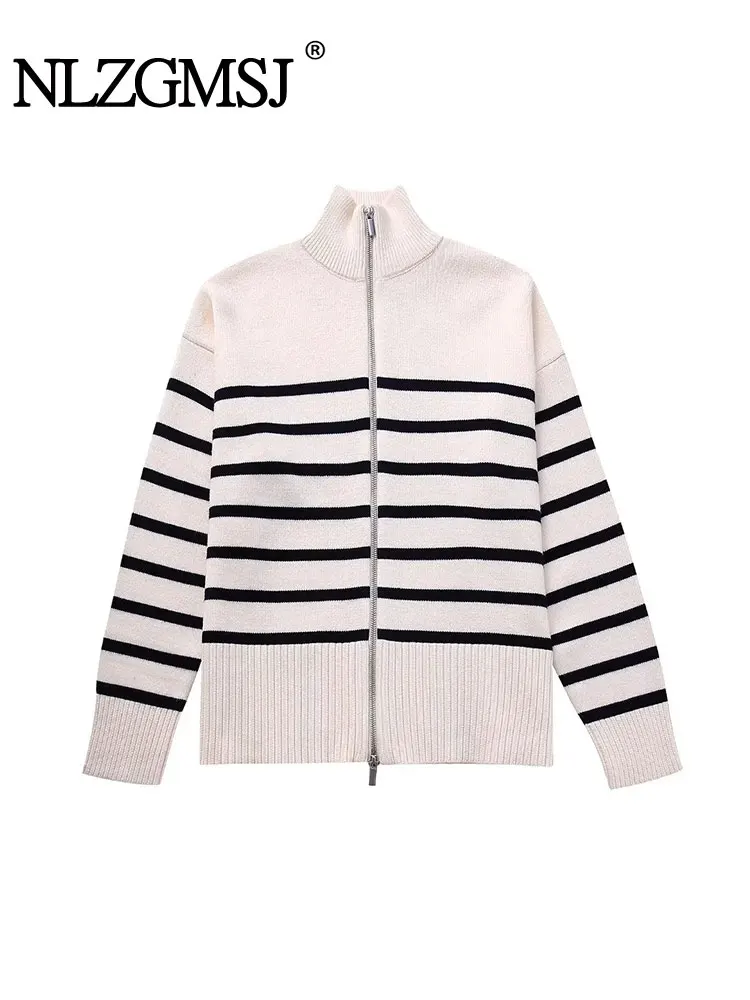

Nlzgmsj TRAF 2023 Autumn Women Cardigan Long Sleeve Fashion Loose Striped Pullovers Streets Zipper Chic Tops