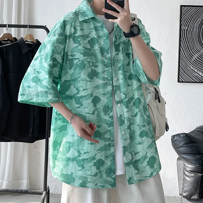 

Lapel Beach Shirts for Men Casual Versatile Short Sleeve Tie Dye Tops Pocket Outer Wear Thin Summer Loose Men's Clothes M-5XL
