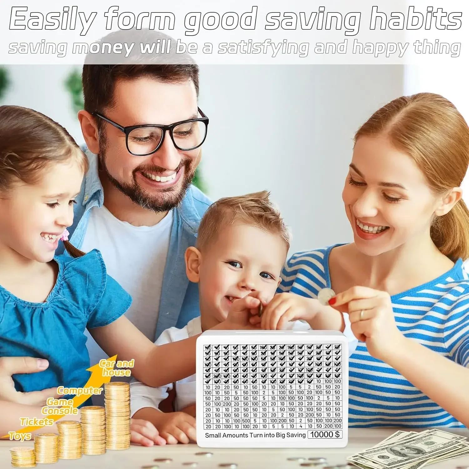 10000 Wooden Money Saving Challenge Box, Cash Vault Piggy Bank for Adults Kids Savings Goals Smash Box Saver Money Saving Box