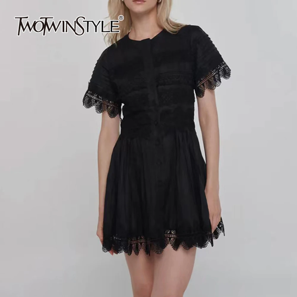 

TWOTWINSTYLE Solid Elegant Spliced Single Breasted Dress For Women O Neck Short Sleeve High Waist Chic Dresses Female KDR506671