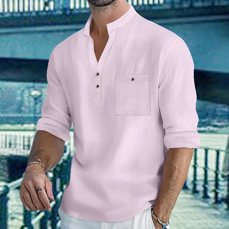 Men Mandarin Collar Long Sleeve Henley Cotton Linen Shirt Chest Pocket Breathable Beach Travel Daily Casual V Neck Top