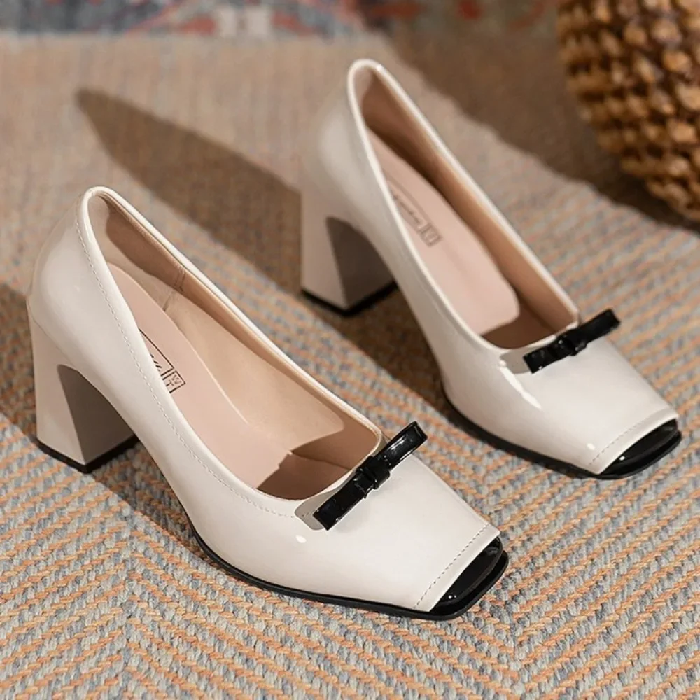 Women Heels Spring  Autumn Season Sweet Retro Colored Bow Tie Single Shoes Women Thick Middle Heel Square Headed Women's Shoes 3