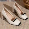 Women Heels Spring  Autumn Season Sweet Retro Colored Bow Tie Single Shoes Women Thick Middle Heel Square Headed Women's Shoes 3