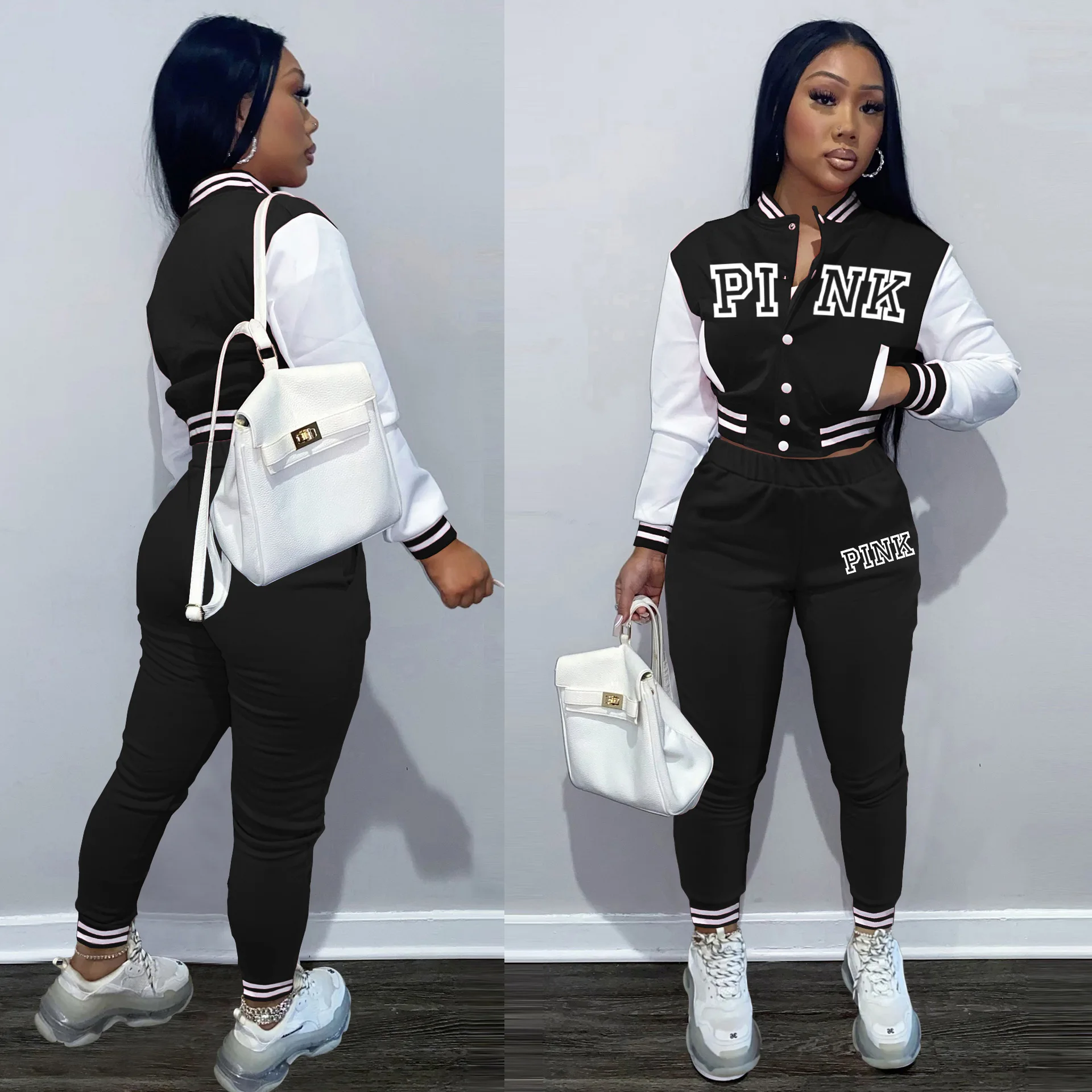 Women's Fashion Letter-Printed Single-Breasted Splicing Long-Sleeved Baseball Uniform And Trousers Two-Piece Set Leisure Style